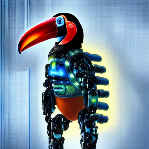 Prompt: toco toucan wearing futuristic cybernetic battle armour, dramatic lighting, portrait, realistic reflections