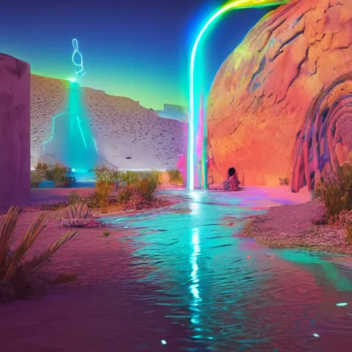 Prompt: mirage in the desert calls out to a weary traveler, waterfalls of beer, intricate complexity, surreal, neon rainbow drip paint, trending on art station, photoreal, surrealist neon drip, 8 k, octane render by salvador dali, and rafał olbinski