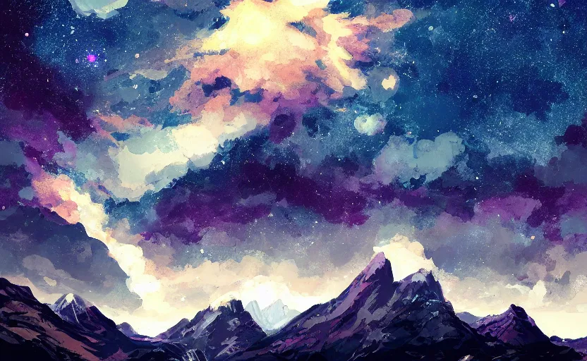 Image similar to mountains, stars and paisley filled sky, artstation, complex, highly detailed, digital painting, concept art, sharp focus, illustration