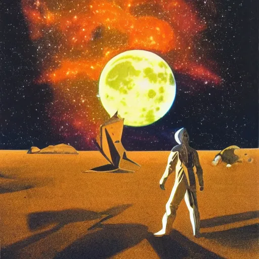 Prompt: 1970s sci-fi comic book art of a silhouette cloaked man standing in the middle of an empty desert, in front of the moon and nebula galaxy stars, beautiful hues of orange, purple and blue, illustrated by Roger Dean