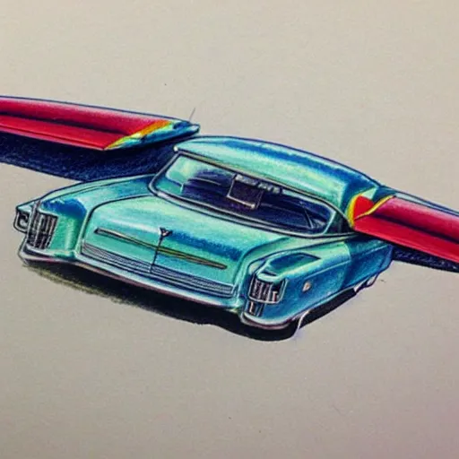 Prompt: a color pencil design sketch for a 5 0 s flying cadillac car with plane wings