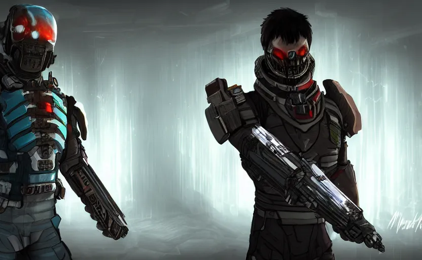 Image similar to friendship isaac clarke from dead space with morgan yu from prey ( 2 0 1 7 ), digital art
