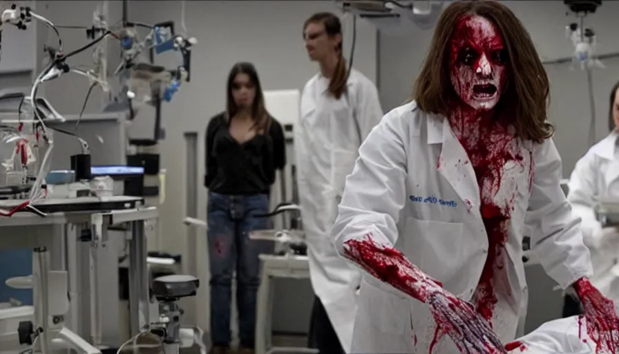 Prompt: big budget horror movie about cyborgs performing illegal organ transplants. This scene is where the beautiful female scientist first finds out about the blood splattered medical labs, as the cyborgs approach her.