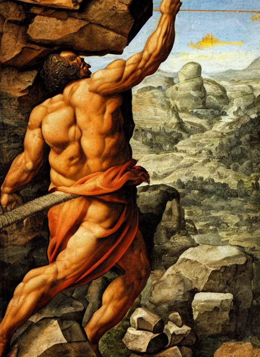 Image similar to the stone colossus placing a boulder, highly detailed, beautiful colors, renaissance mural, golden ration, in the style of sandro boticceli