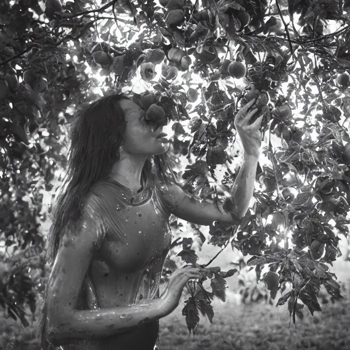 Image similar to a closeup portrait of a woman wearing a muddy iridescent holographic leotard, picking apples from a tree in an orchard, foggy, moody, photograph, by vincent desiderio, canon eos c 3 0 0, ƒ 1. 8, 3 5 mm, 8 k, medium - format print