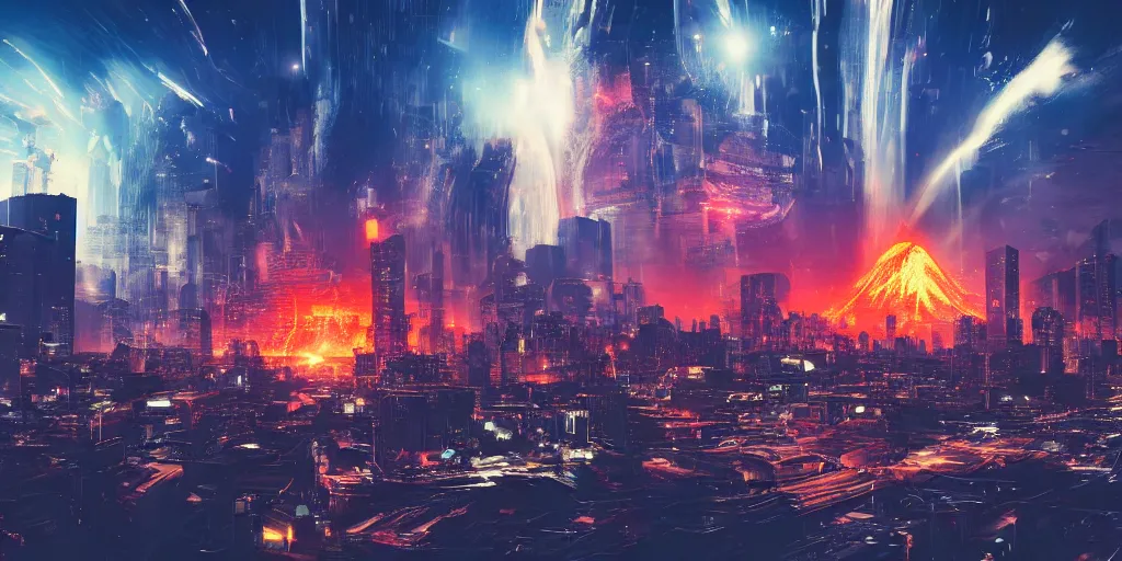 Prompt: large cyberpunk city on fire with volcano erupting in the background and several planets in the sky, sharp focus, highly detailed, night