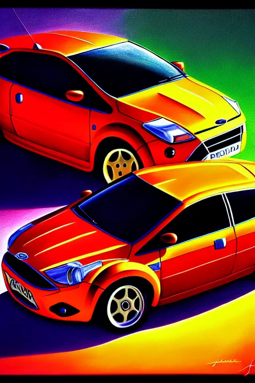 Image similar to a photorealistic painting of ford focus hatchback by johfra bosschart, lisa frank, dark fantasy art, high detail, trending on artstation