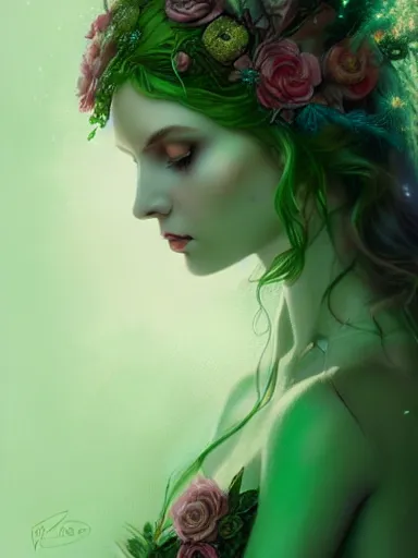 Image similar to green!! forest fae ; by james jean, charlie bowater, tom bagshaw, nikolay makovsky, melanie delon : : enchanting, ethereal, magical, glowing, sparkle, iridescent, flowerpunk, portrait, character design, illustration, hyperrealism, photorealism, digital art, concept art, dark fantasy, weta, wlop, artstation