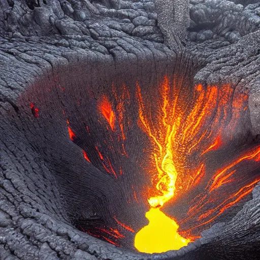 Prompt: head of neco - ark emerges from a lava lake, cave background, high detail, lava reflections, cave reflecting in the lava lake, dramatic shot