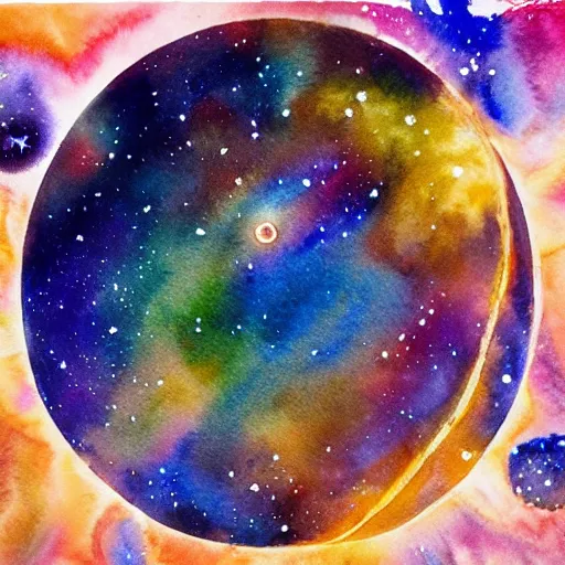 Image similar to planets colliding, space, stars, sun, earth, planets, explosions, huge explosions in space, watercolor art