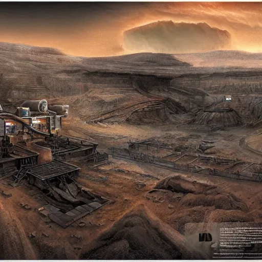 Prompt: matte painting of a sci - fi mining work exploring toxic sulfur pools of hestia rupes mars landscape, highly detailed, vidid, epic scenery, windy, at dusk