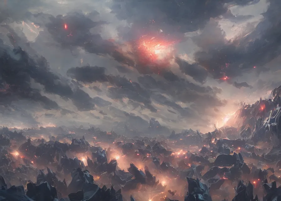 Image similar to large abstract painting of giant Joe Biden cosmic clouds ermerging grinning at giant immense crowd of person army, trending on ArtStation, masterpiece, by Greg Rutkowski, by Ross Tran, by Fenghua Zhong, octane, lightbeam eyes, soft render, clear facial features, oil on canvas,, moody lighting, cinematic, professional environment concept art