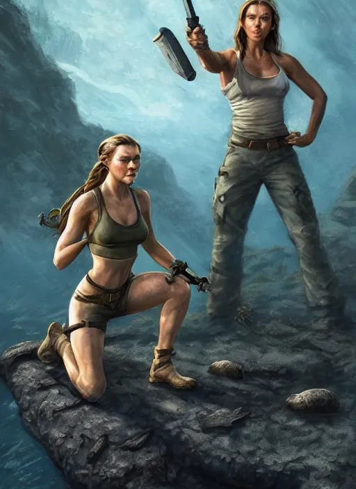 Image similar to Natalie Dormer as Lara Croft as a ruggedly handsome heroine kneeling next to a glowing artifact lodged in shallow water, intricate, elegant, highly detailed, artstation, concept art, smooth, sharp focus, illustration, bokeh art by artgerm and donato giancola and Joseph Christian Leyendecker, WLOP, fireflies