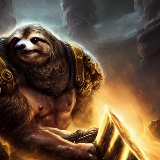 Image similar to portrait of sloth as zeus the god of thunder, league of legends amazing splashscreen artwork, gears of war, splash art, natural light, elegant, photorealistic facial features, intricate, fantasy, detailed face, atmospheric lighting, anamorphic lens flare, cinematic lighting, league of legends splash art, hd wallpaper, ultra high details by greg rutkowski