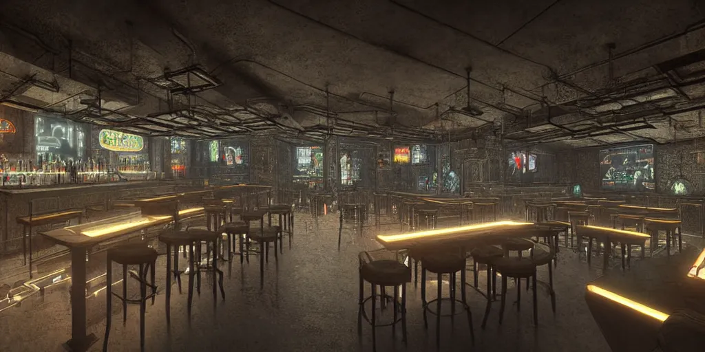 Image similar to Highly detailed realistic photo interior design in style of blend contemporary aesthetics by JAMIE BUSH and Josan Gonzalez of detailed cyberpunk tavern with stone walls and neon lights, a lot of electronics and people, many details by Hiromasa Ogura. a lot of Natural white sunlight from the transperient roof. Rendered in VRAY