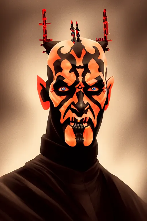 Image similar to a portrait of the darth maul, cyberpunk, grim - lighting, high - contrast, intricate, elegant, highly detailed, digital painting, artstation, concept art, smooth, sharp focus, illustration