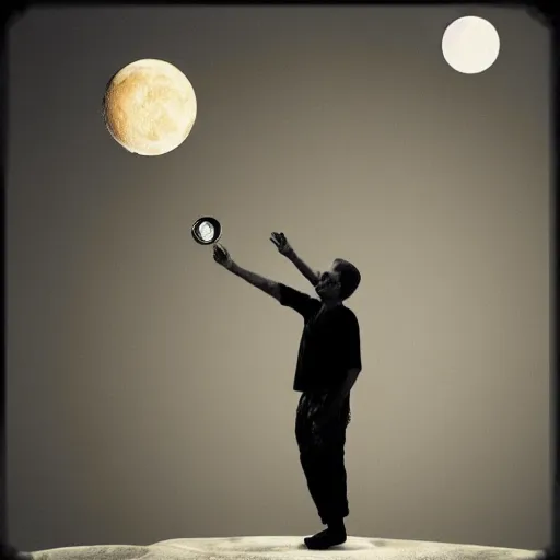 Prompt: a man holding the sun in one hand and the moon in the other, photorealism.