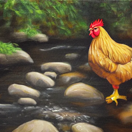 Image similar to a chicken next to a stream oil painting