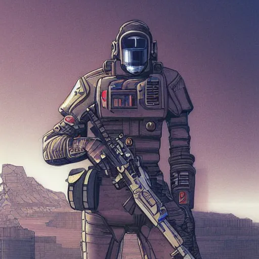 Image similar to a cyberpunk soldier with tactical gear and a rifle patrols a japanese city on mars, Industrial Scifi, detailed illustration, character portrait, by Martin Grip and Moebius