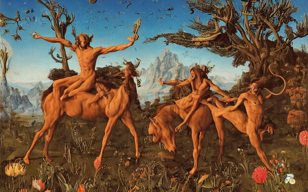 Image similar to a portrait photograph of a meditating satyr and a centaur monk riding a rocket machine and hunting at a river delta. surrounded by bulbous flowers and trees. mountain range under a blue sky of fiery stars. by jan van eyck, max ernst, ernst haeckel, ernst fuchs and artgerm, cgsociety, fashion editorial, 8 k