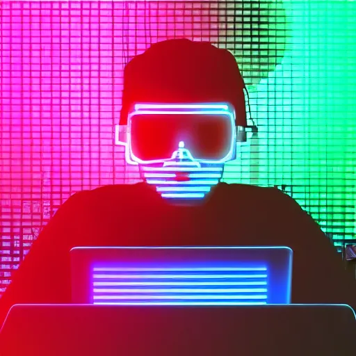 Image similar to close up portrait of cyber hacker plugged into computer, neon lights, pixel art