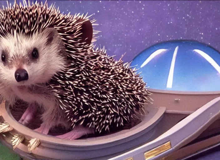 Image similar to a still from a 9 0 s cartioon, of a hedgehog wearing a crown inside a scifi spaceship