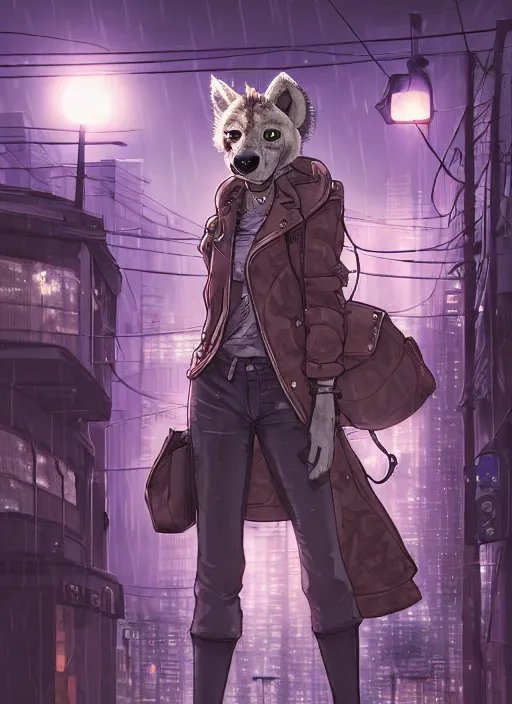 Image similar to character portrait of a female anthro hyena fursona with a cute beautiful attractive furry face and long black curly hair wearing stylish clothes in a cyberpunk city at night while it rains. hidari, color page, tankoban, 4K, tone mapping, Akihiko Yoshida.