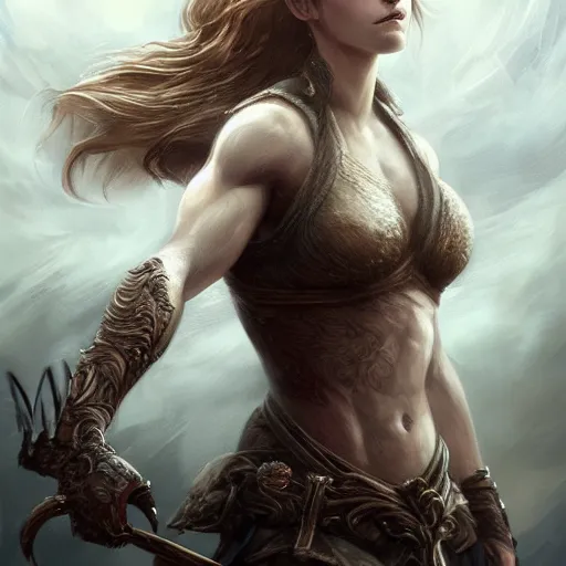 Image similar to portrait of emma watson, muscular upper body, fantasy, intricate, elegant, highly detailed, digital painting, artstation, concept art, matte, sharp focus, illustration, art by aenaluck and roberto ferri and greg rutkowski, epic fantasy, digital painting