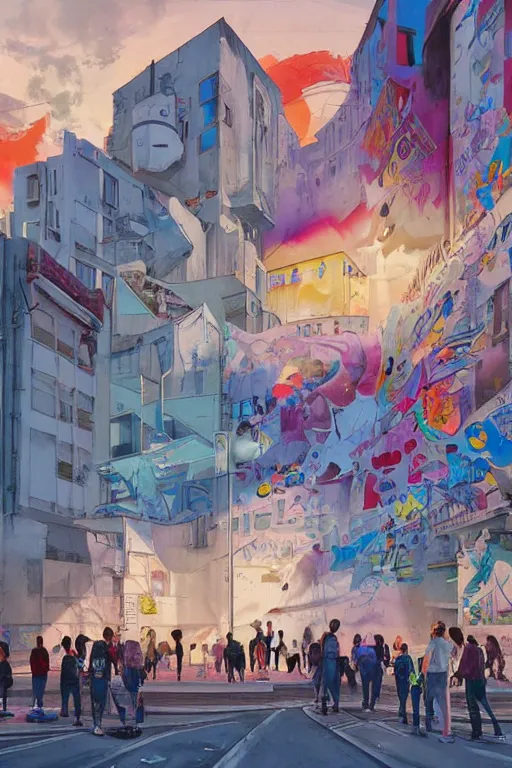 Image similar to people in a busy city people looking at a white building covered with a 3d graffiti mural with paint dripping down to the floor, professional illustration by artgerm, painterly, yoshitaka Amano, hiroshi yoshida, moebius, loish, painterly, and james jean, illustration, sunset lighting