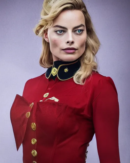 Image similar to A portrait of a margot robbie in a cosplay uniform, piercing eyes, highly detailed, bokeh, professional photograph, full body shot 4K, HD