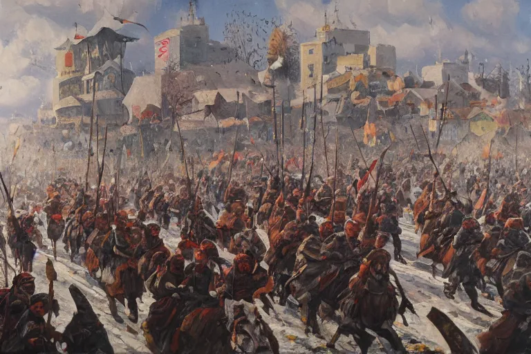 Prompt: painting of the balkan tatars invading a city in arctic bulgaria, oil on canvas