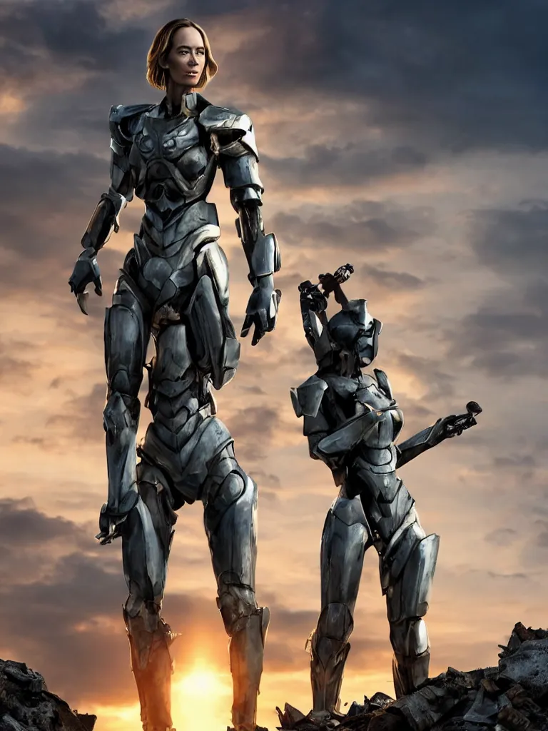 Image similar to emily blunt in futuristic power armor, by herself, holding a sword, standing atop a pile of rubble, sunset and big clouds behind her