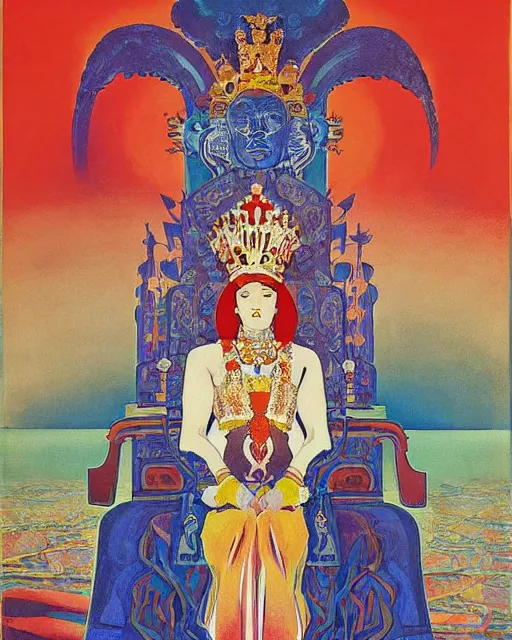 Image similar to a polish poster art representing a portrait of a queen on a carved stone throne by nicholas roerich, by gustave moreau, by james hawe, by yoshitaka amano, by georgia o keeffe, oil painting