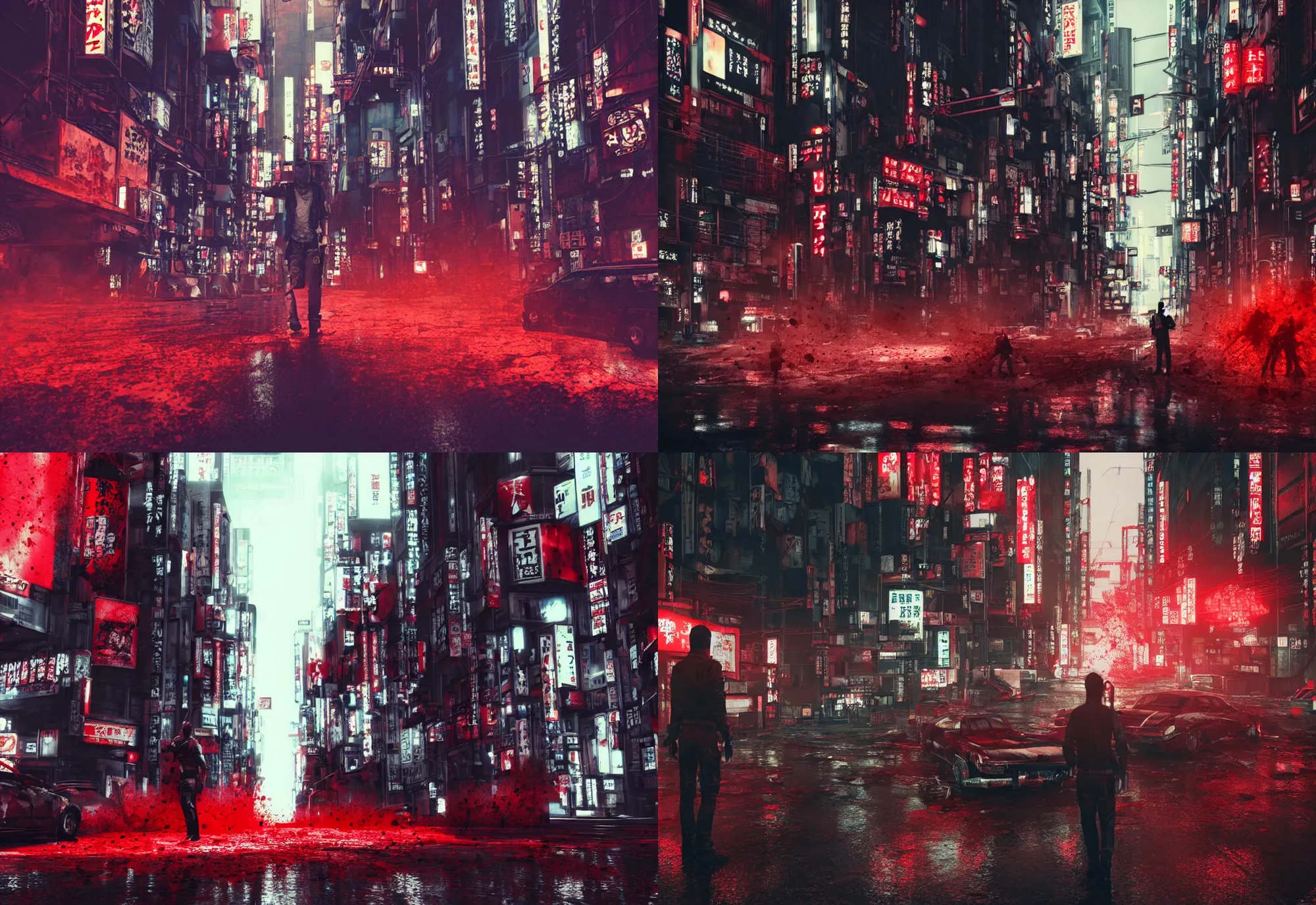Prompt: tokyo city streets in blood looks like cyberpunk city style, max payne standing in blood trending on artstation, cinematic, realistic building window car, realistic peoples, golden ratio, awesome greate composition, the best composition, color balance harmony, physical correct light shadows, awesome exposition, very realistic, like in real life, octane render, art by cd projekt red