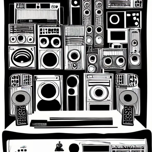 Image similar to detailed illustration of a music studio, radios, music vinyls, speakers. in the style of darwyn cooke. intricate details, beautiful.