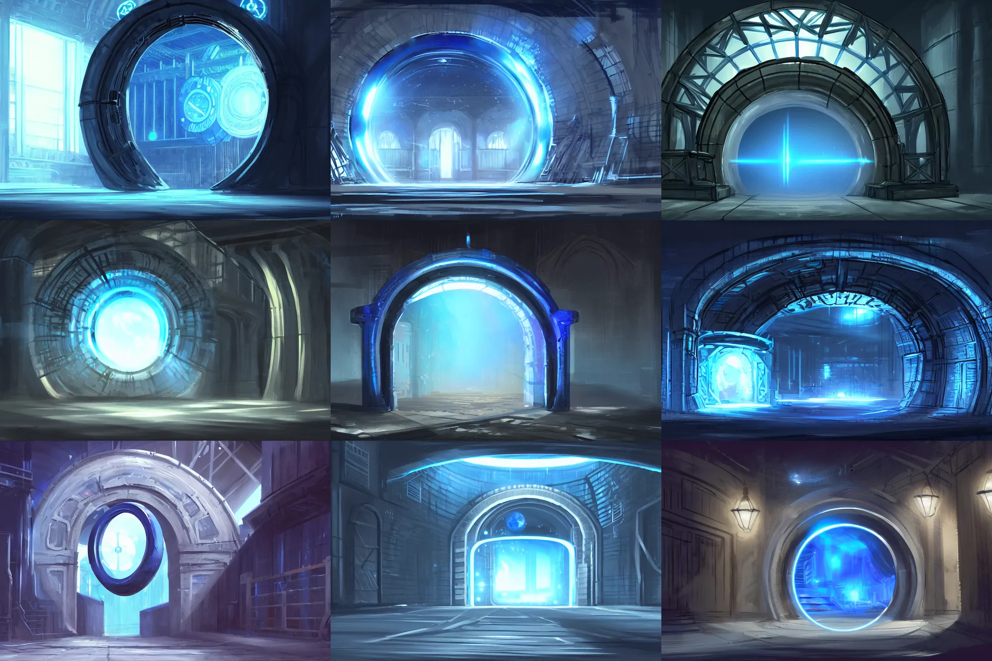 Prompt: circular gate in the middle of a huge dark warehouse, blue glowing time portal contained within, concept art, artstation