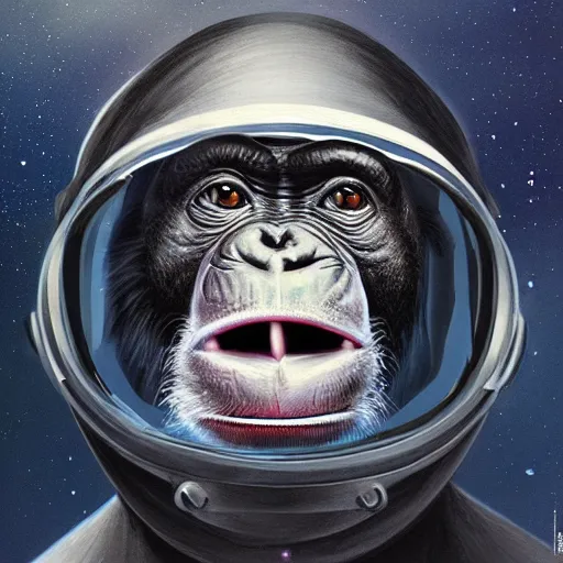 Prompt: a chimpanzee in a space suit, black hole reflecting in its visor, portrait, highly detailed, digital painting, artstation, concept art, sharp focus, illustration