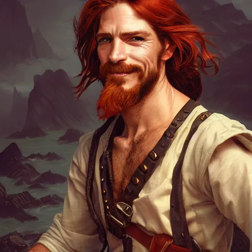 Image similar to portrait of a young ruggedly handsome but joyful pirate, male, masculine, upper body, red hair, long hair, d & d, fantasy, roguish smirk, intricate, elegant, highly detailed, digital painting, artstation, concept art, matte, sharp focus, illustration, art by artgerm and greg rutkowski and alphonse mucha