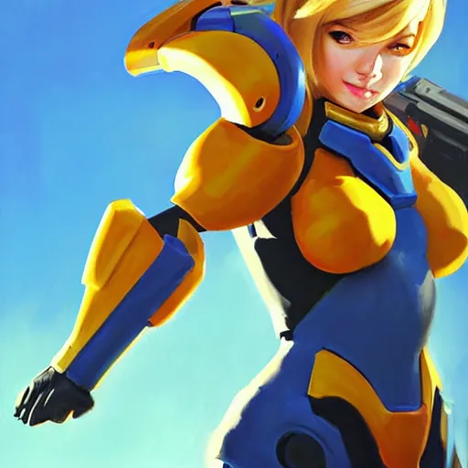 Image similar to Greg Manchess portrait painting of Samus Aran as Overwatch character with League of Legends outfit, medium shot, asymmetrical, profile picture, Organic Painting, sunny day, Matte Painting, bold shapes, hard edges, street art, trending on artstation, by Huang Guangjian and Gil Elvgren and Sachin Teng