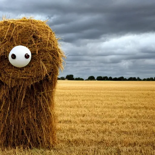 Image similar to a detailed hay monster in a field looking ominously at the camera