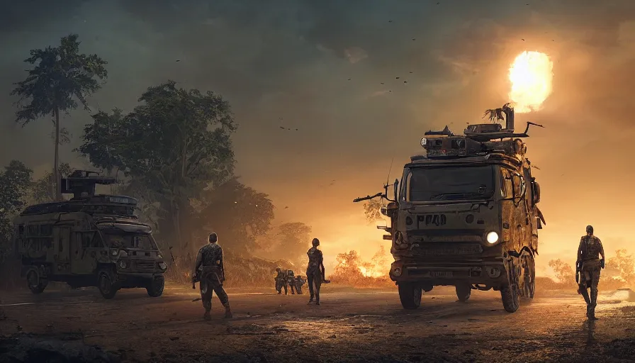 Image similar to a militarized police vehicle riding through a kerala village, troops searching the area, furious action scene, an epic fantasy, dramatic lighting, cinematic, establishing shot, extremely high detail, photorealistic, cinematic lighting, artstation, matte painting, octane render, by simon stalenhag, shadow of the tomb raider, aesthetic