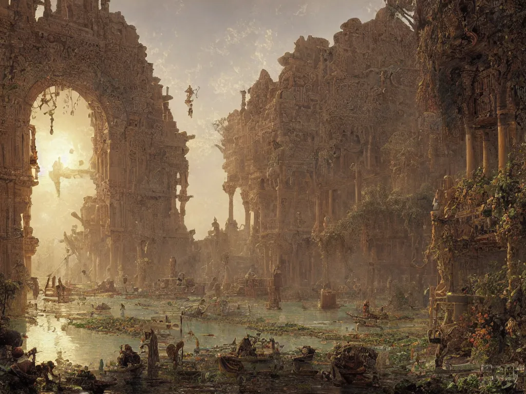 Image similar to detailed painting of a multiverse gateway in ancient mesopotamia in the middle of a sulphur lake, filigree ornaments, andreas achenbach, simon stalenhag