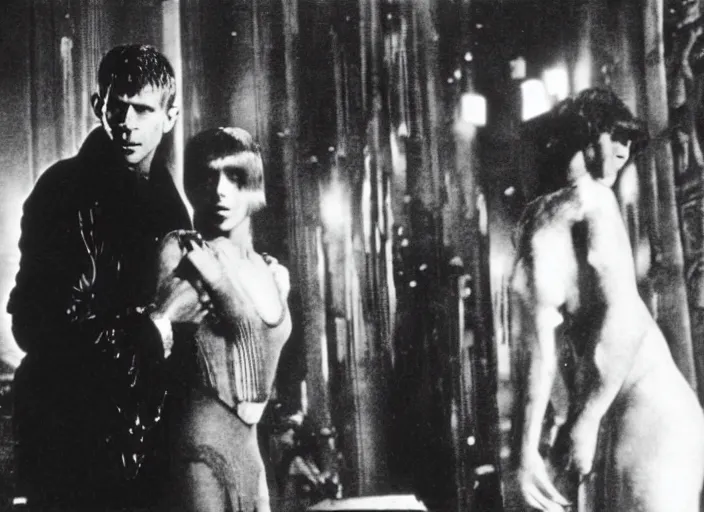 Image similar to scene with Deckard and female replicant from the 1912 science fiction film Blade Runner