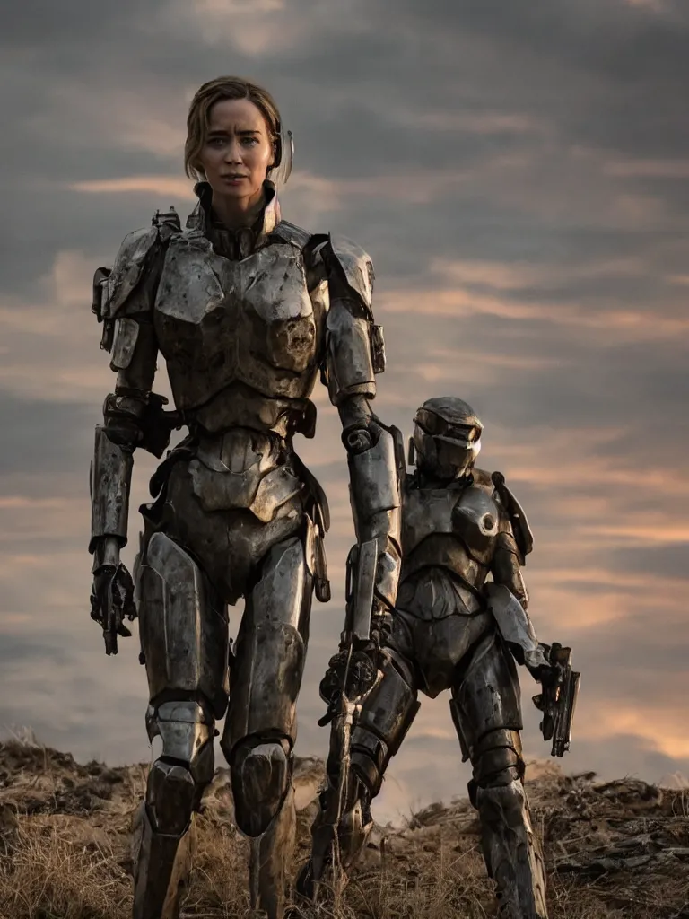 Image similar to emily blunt in futuristic power armor, alone, standing atop a hill, raising her sword, edge of tomorrow movie, angel of verdun, sunset