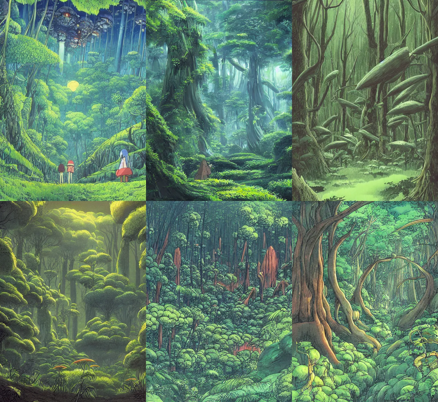 Prompt: a lush forest on an alien planet, art by Hayao Miyazaki