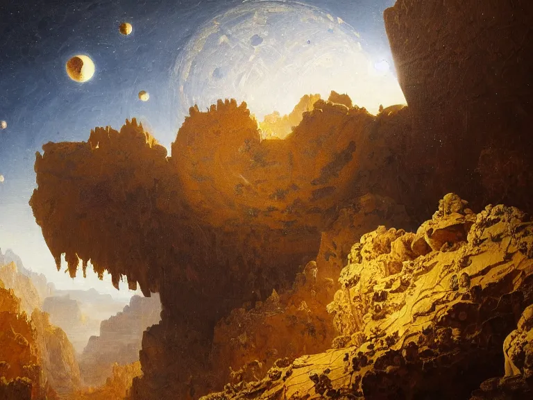 Prompt: an oil painting of an alien planet with a fractal crystal floating above the ground reflecting light in a desert canyon by carl spitzweg and tuomas korpi. baroque elements, full-length view. baroque element. intricate artwork by caravaggio. Trending on artstation. 8k
