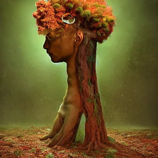 Image similar to a man in a green jacket with a tree on top of his head, a surrealist sculpture by kim keever, behance, pop surrealism, surrealist, dystopian art, whimsical