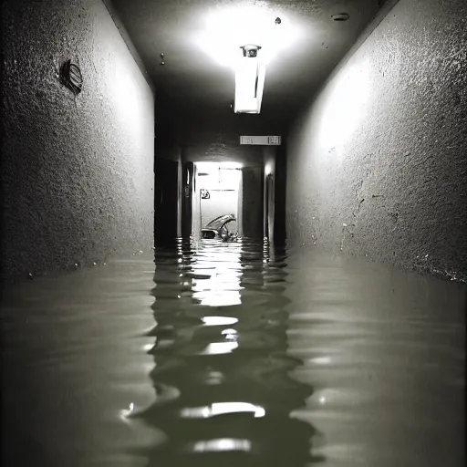 Prompt: a dark hallway, flooded, craigslist photo, underground