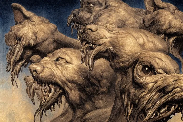 Image similar to hyperdetailed matte art of a three headed dog cerberus by william blake, greg rutkowski, amano, rene magritte, craig mullins, three headed dog cerberus, details