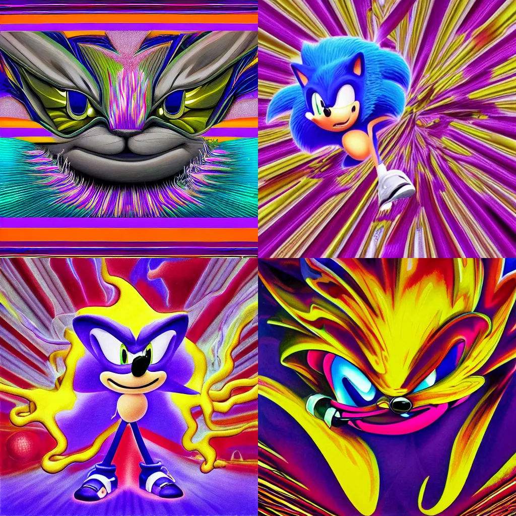 Prompt: surreal, sharp, detailed professional, high quality airbrush art MGMT album cover of a liquid dissolving LSD DMT sonic the hedgehog, purple checkerboard background, 1990s 1992 Sega Genesis video game album cover